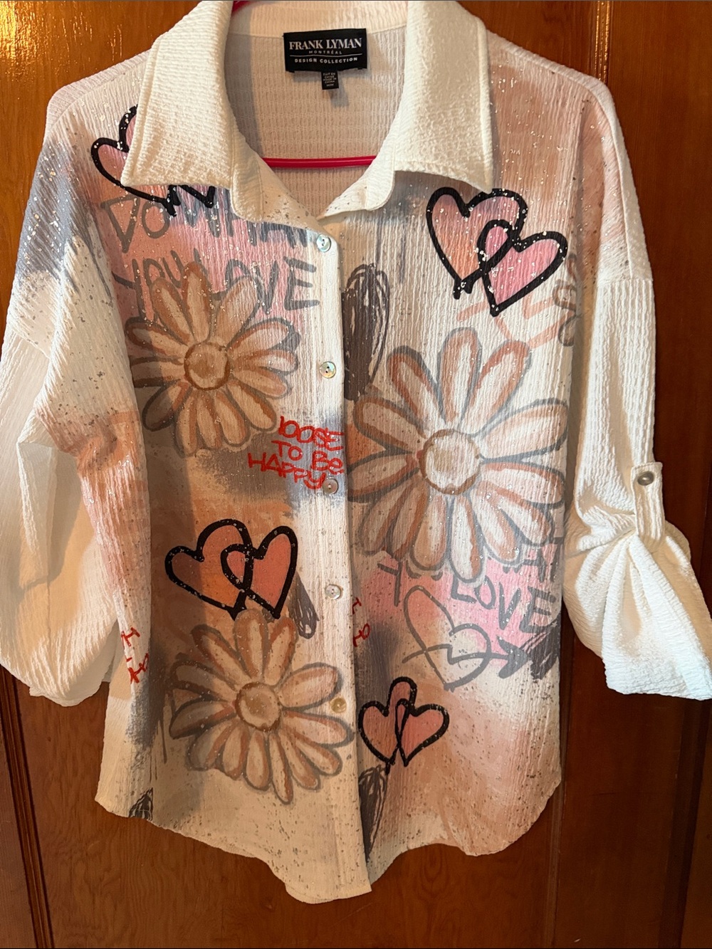 Frank Lyman Design White Button-Up Top with Pink Hearts & Tan Floral